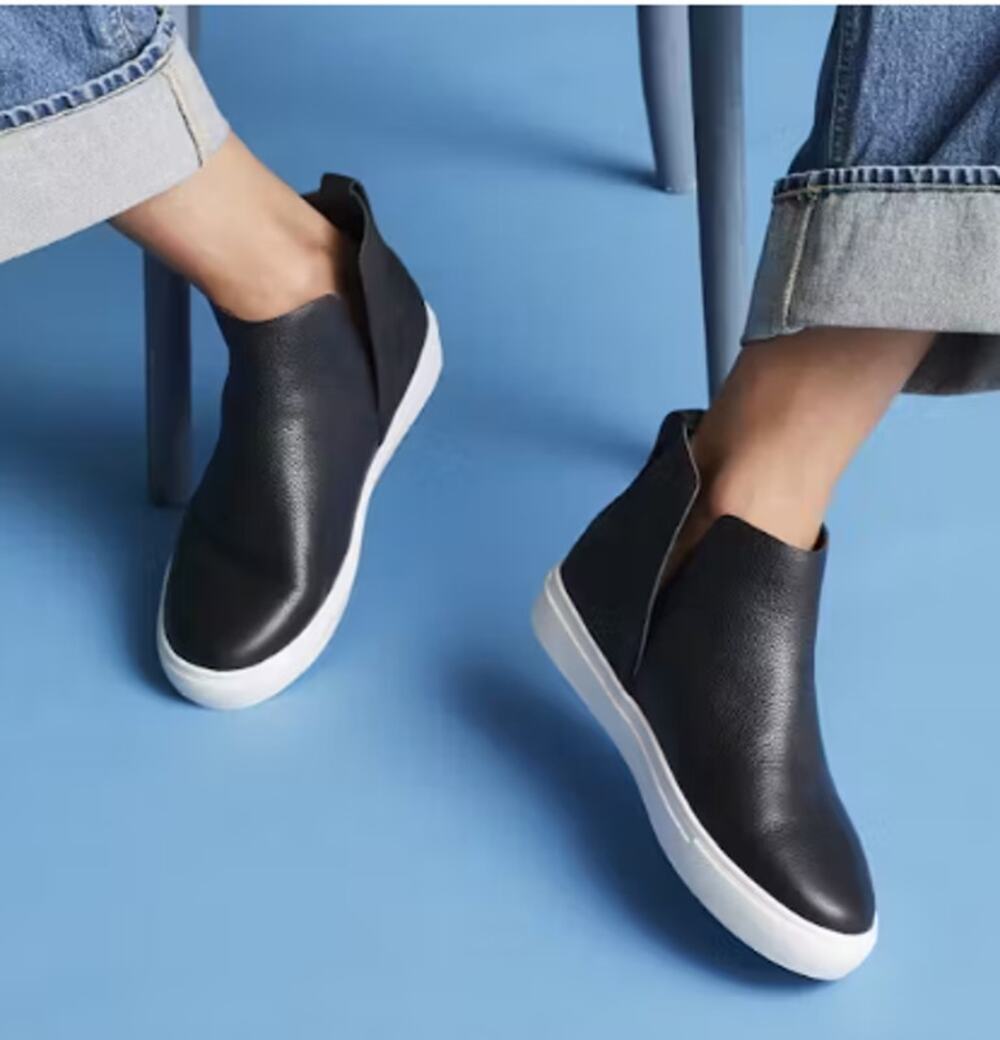 Birdies The Falcon Black Leather Slip-On Sneaker Bootie Hidden Wedge, Size 7.5
